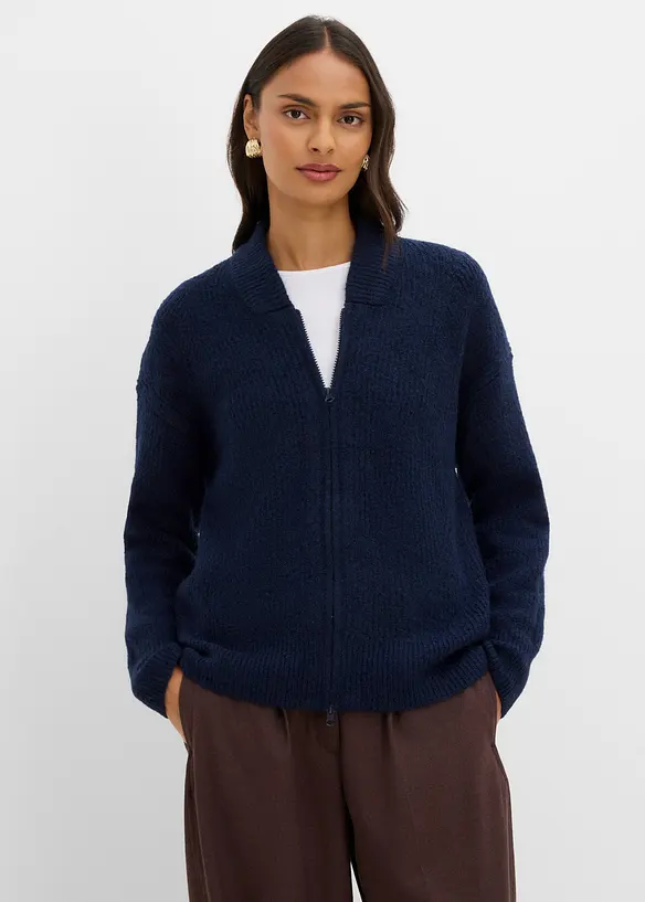 Cardigan con zip in morbido in misto lana, bonprix