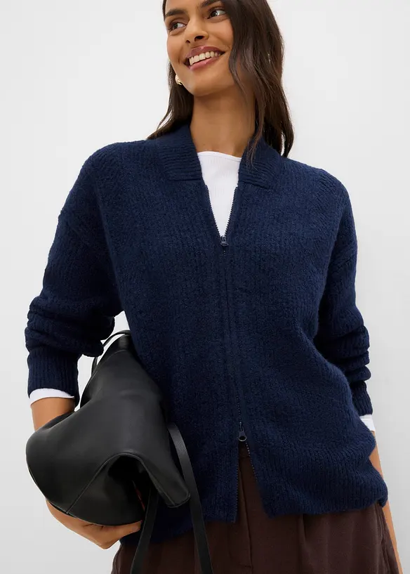 Cardigan con zip in morbido in misto lana, bonprix