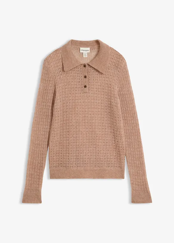 Maglione stile polo in maglia morbida traforata, bonprix