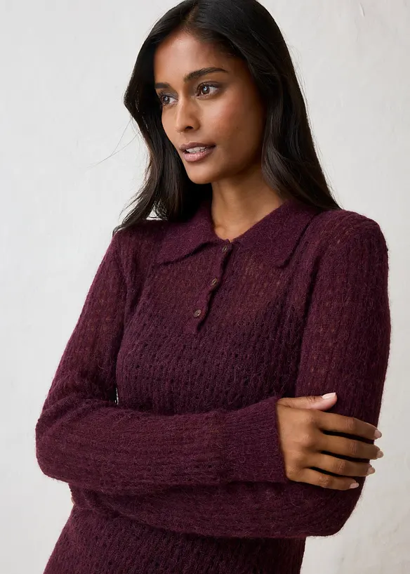 Maglione stile polo in maglia morbida traforata, bonprix