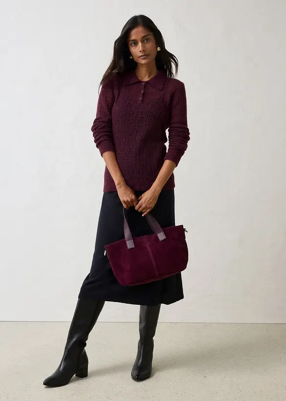 Maglione stile polo in maglia morbida traforata, bonprix