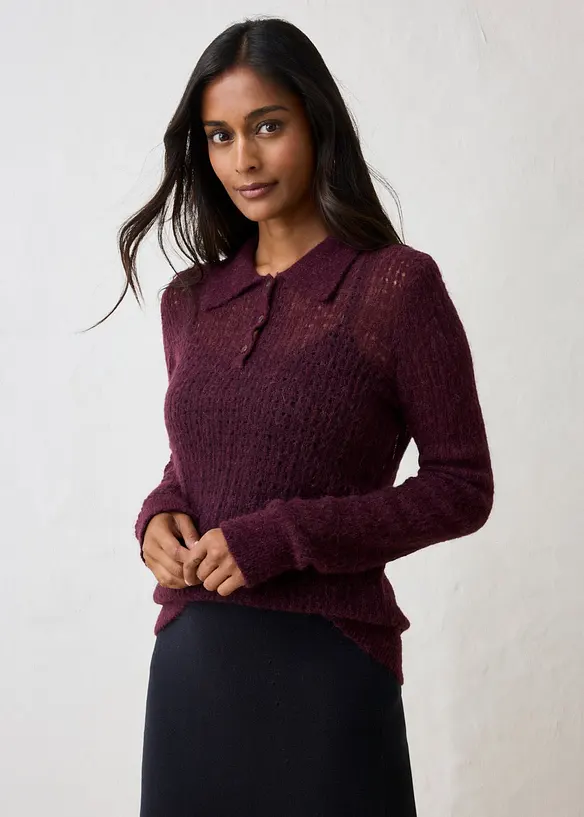 Maglione stile polo in maglia morbida traforata, bonprix