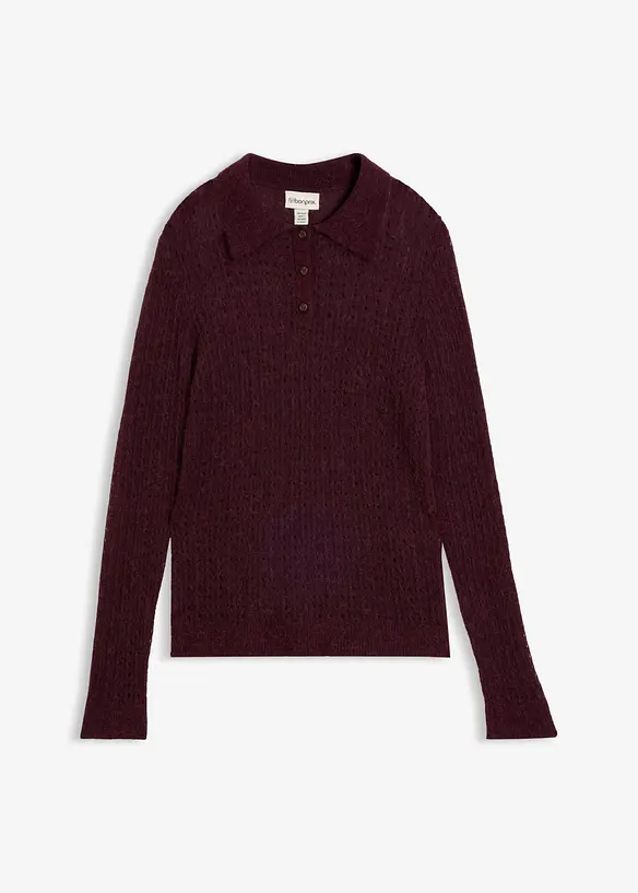 Maglione stile polo in maglia morbida traforata, bonprix