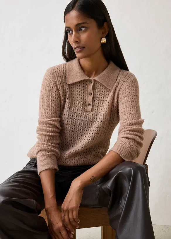 Maglione stile polo in maglia morbida traforata, bonprix