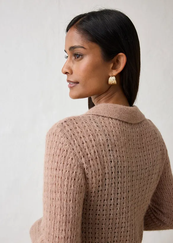 Maglione stile polo in maglia morbida traforata, bonprix