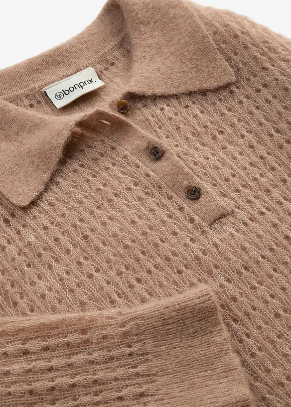 Maglione stile polo in maglia morbida traforata, bonprix