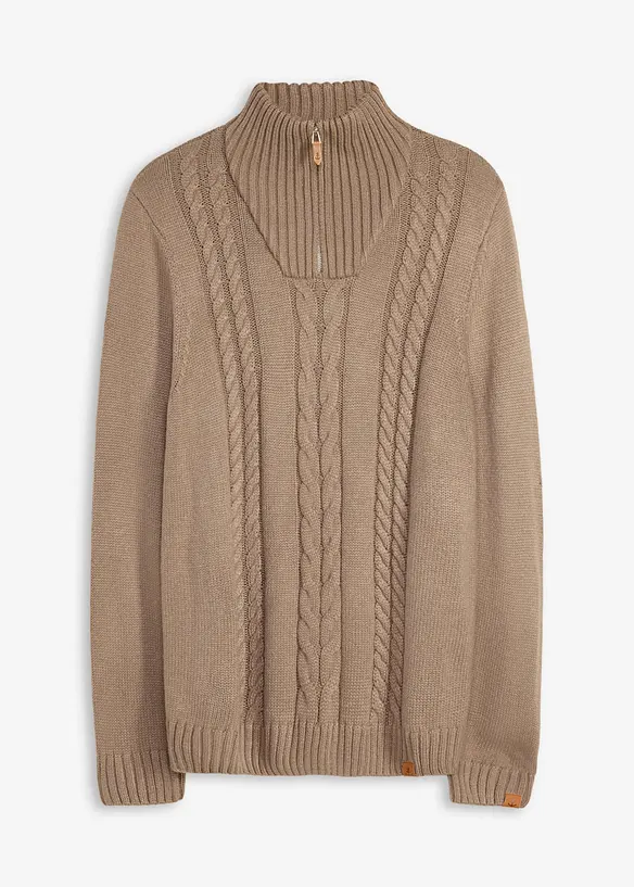 Maglione in lavorazione a trecce con collo e zip, bonprix