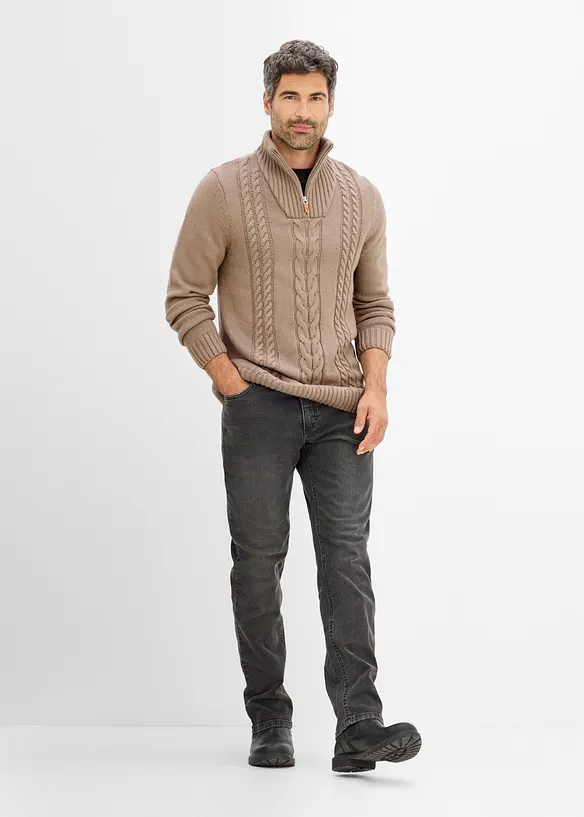 Maglione in lavorazione a trecce con collo e zip, bonprix