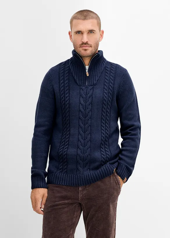 Maglione in lavorazione a trecce con collo e zip, bonprix