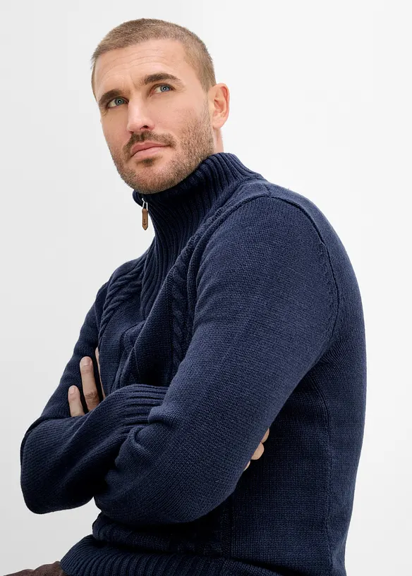Maglione in lavorazione a trecce con collo e zip, bonprix