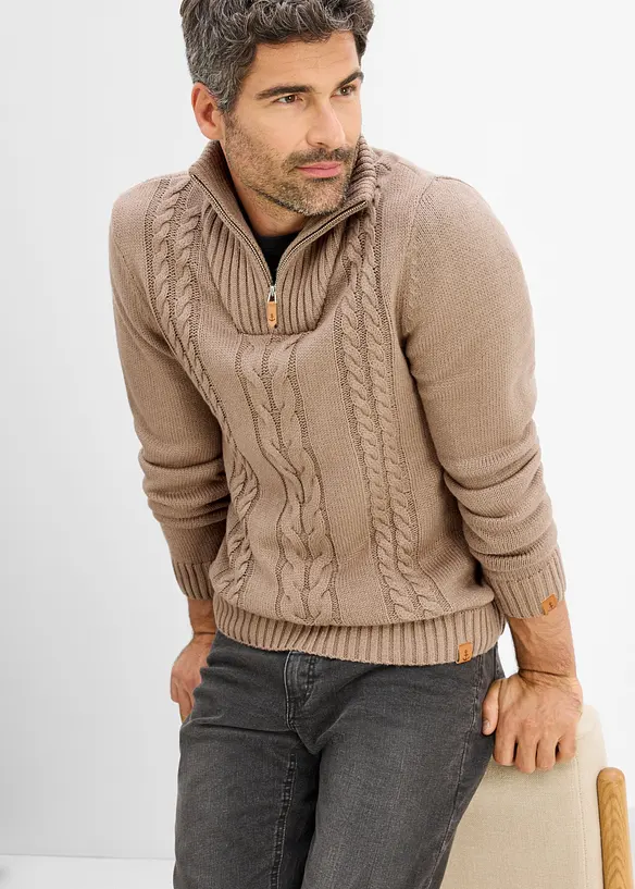Maglione in lavorazione a trecce con collo e zip, bonprix