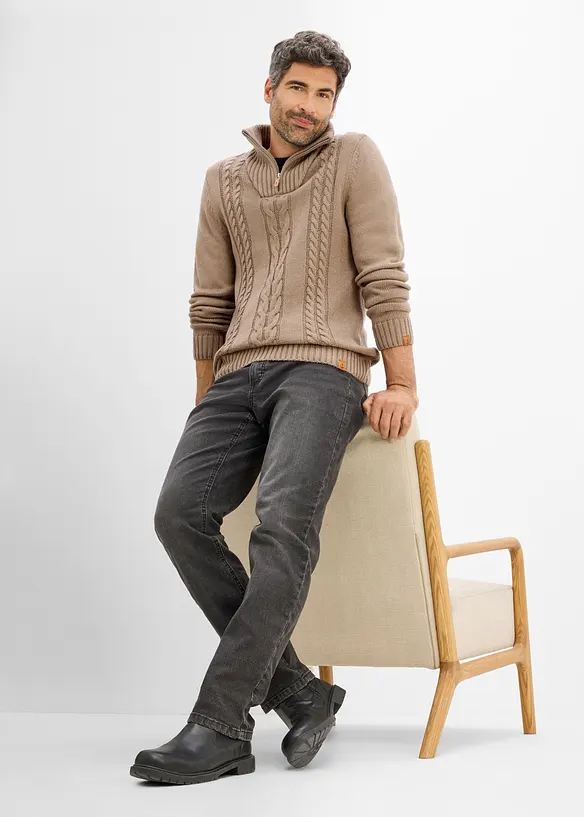 Maglione in lavorazione a trecce con collo e zip, bonprix