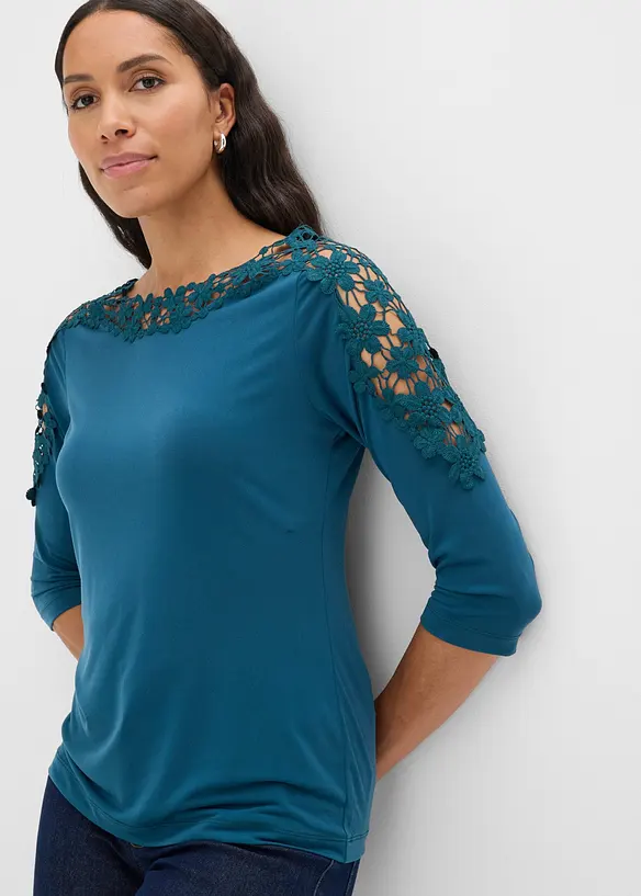 Maglia con maniche a 3/4 e inserto effetto uncinetto, bonprix