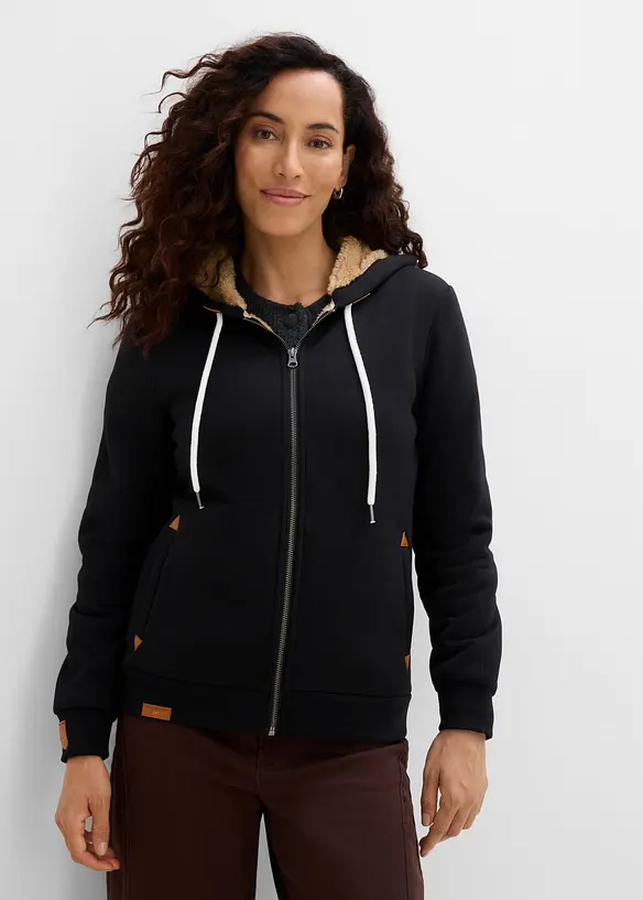 Felpa con zip, cappuccio e fodera teddy, bonprix