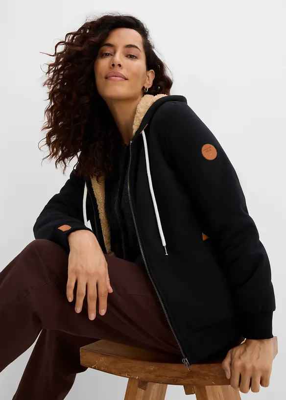 Felpa con zip, cappuccio e fodera teddy, bonprix