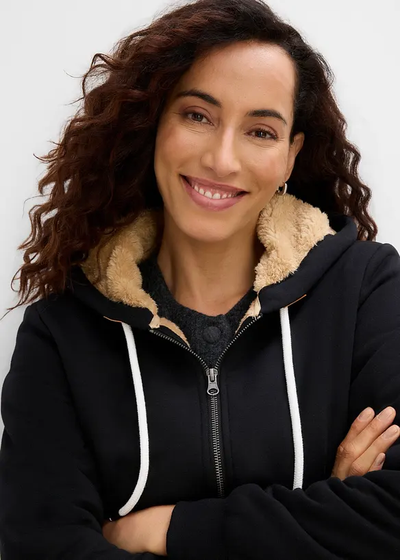 Felpa con zip, cappuccio e fodera teddy, bonprix