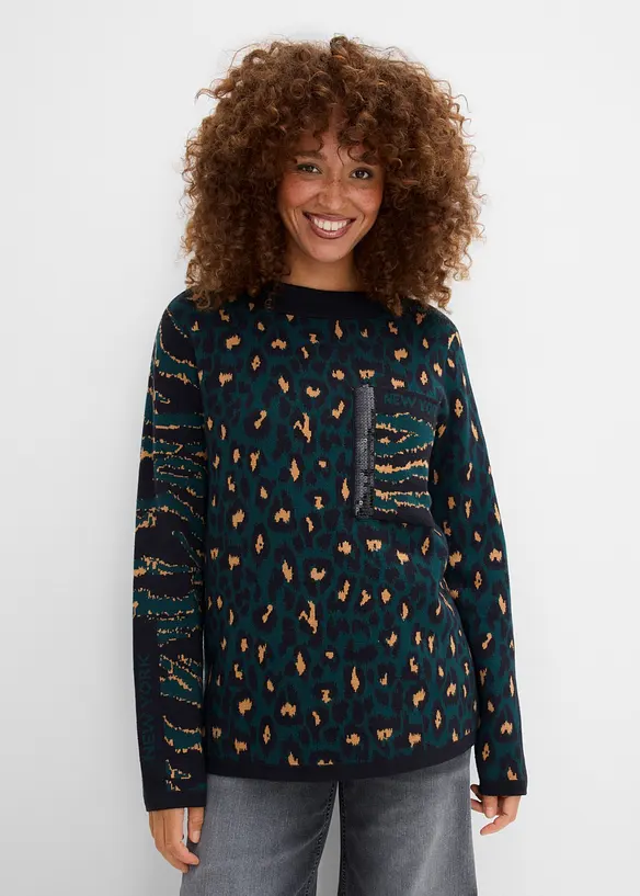 Maglione leopardato in filato fine, bonprix