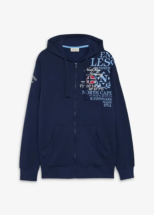 Felpa con zip e cappuccio in puro cotone, bonprix
