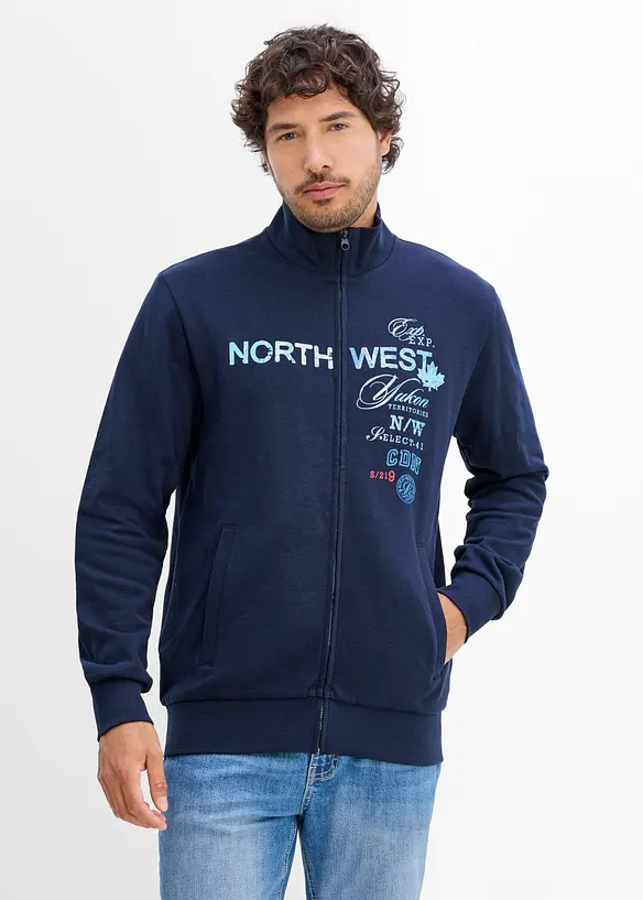 Felpa con zip e colletto dritto in puro cotone, bonprix