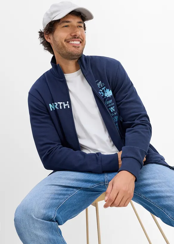 Felpa con zip e colletto dritto in puro cotone, bonprix