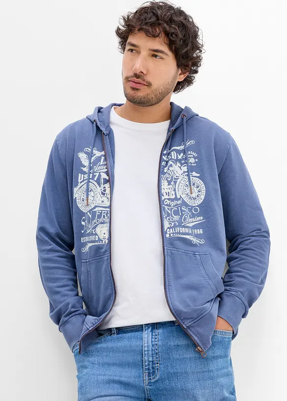 Felpa con zip e cappuccio in puro cotone, bonprix