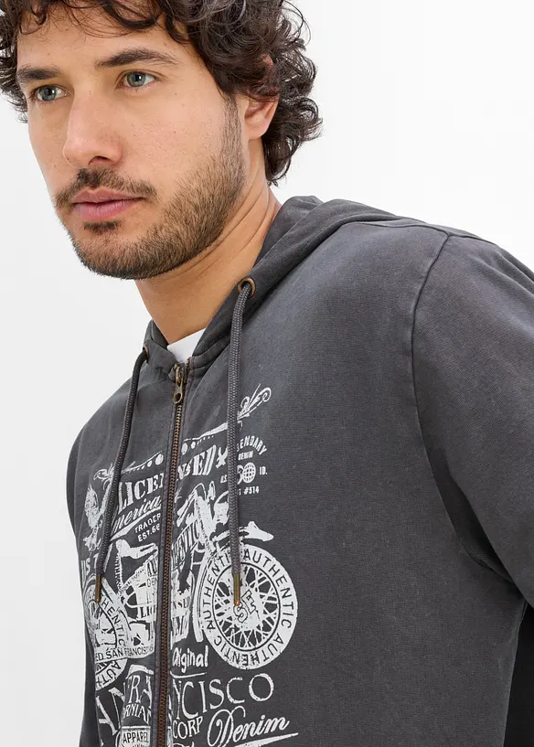 Felpa con zip e cappuccio in puro cotone, bonprix