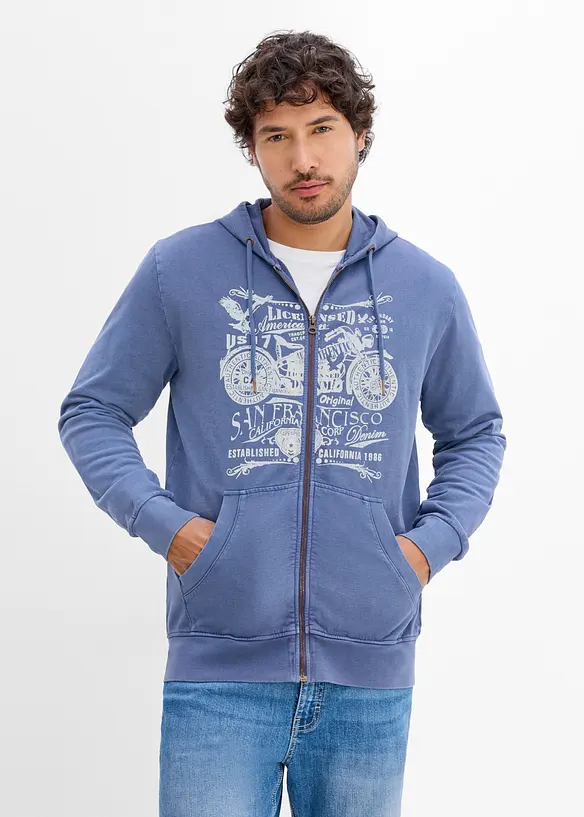 Felpa con zip e cappuccio in puro cotone, bonprix