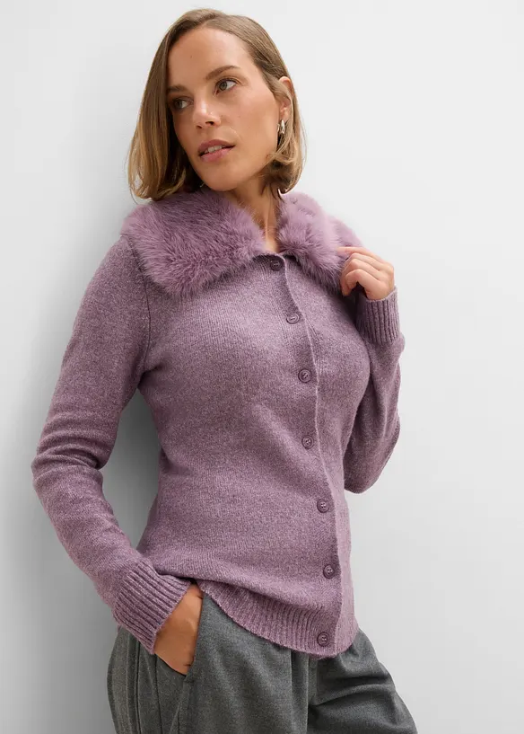 Cardigan sciancrato con collo in ecopelliccia, bonprix