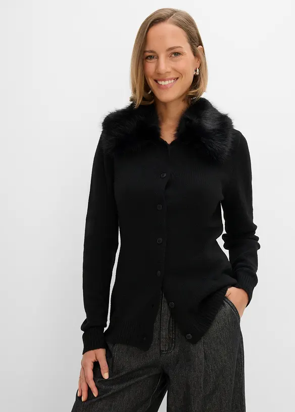 Cardigan sciancrato con collo in ecopelliccia, bonprix