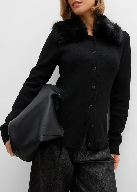 Cardigan sciancrato con collo in ecopelliccia, bonprix