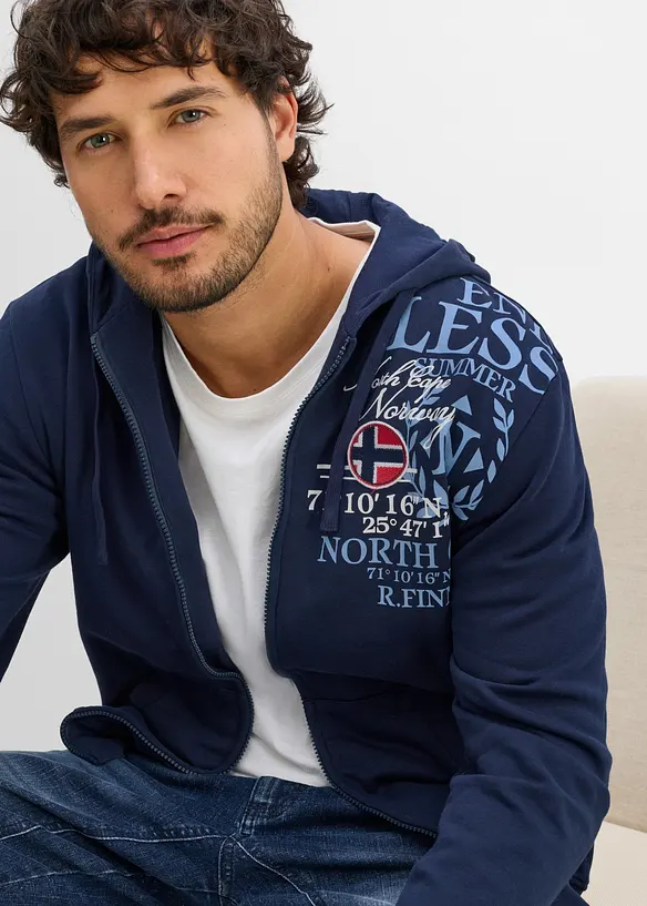 Felpa con zip e cappuccio in puro cotone, bonprix
