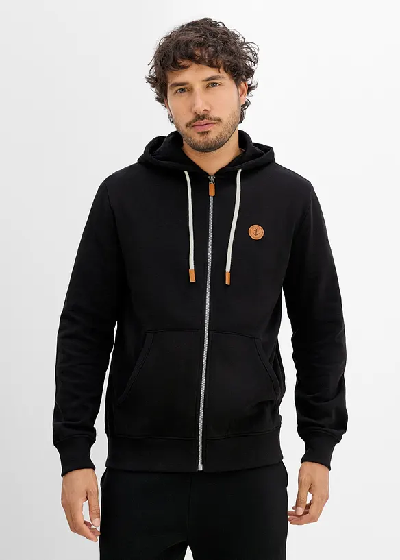Felpa con zip, cappuccio e dettagli in similpelle, bonprix