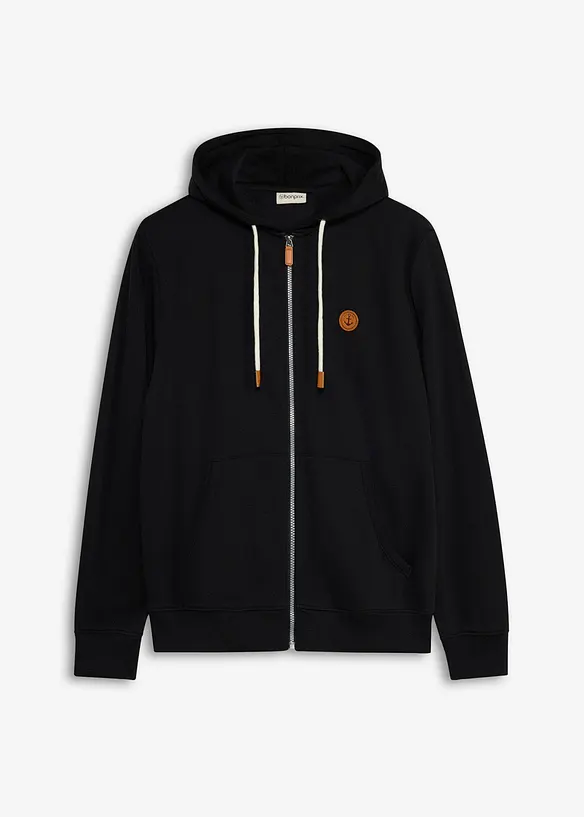 Felpa con zip, cappuccio e dettagli in similpelle, bonprix
