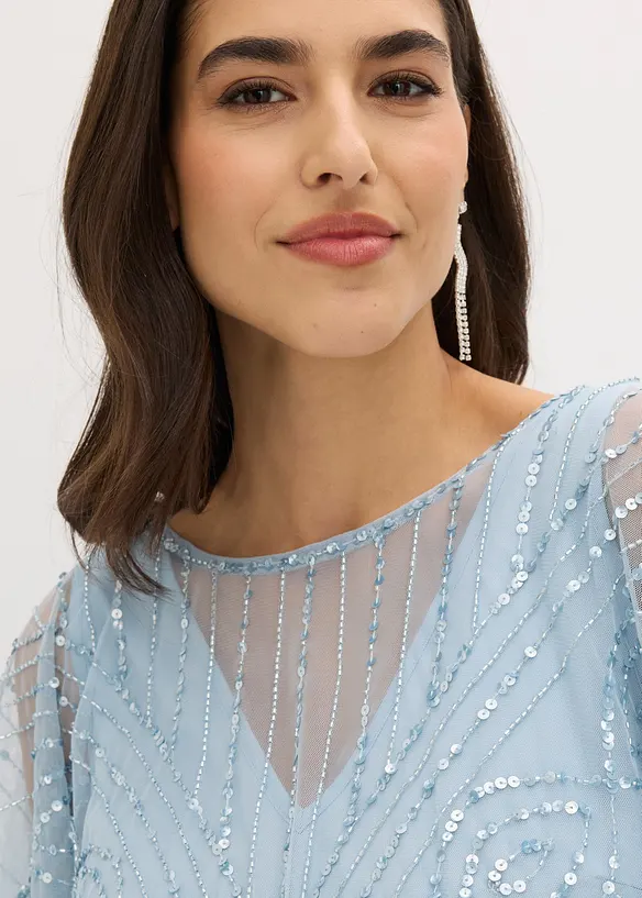 Abito lungo in fine tulle con ricami e paillettes, bonprix
