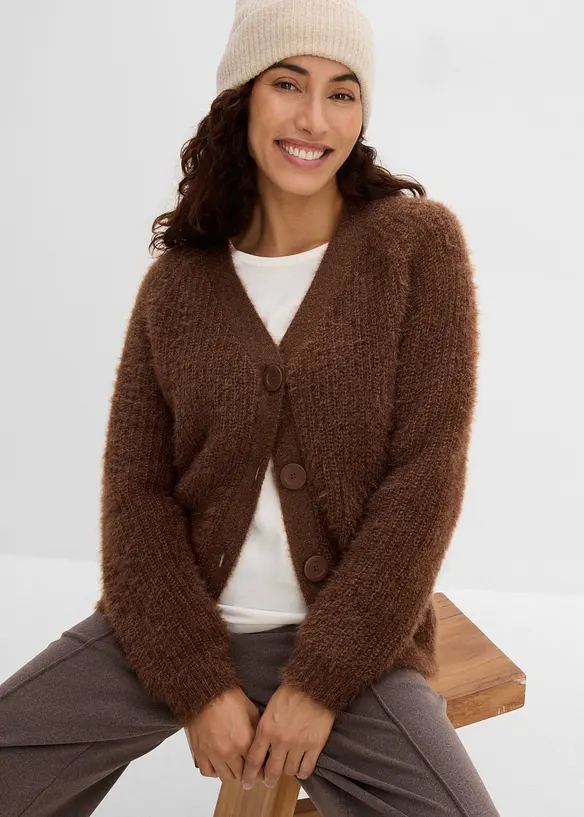 Cardigan a coste in filato grosso con effetto lucido, bonprix