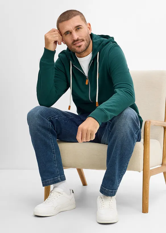 Felpa con zip, cappuccio e dettagli in similpelle, bonprix