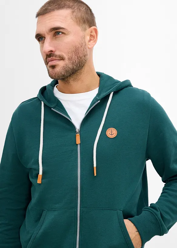 Felpa con zip, cappuccio e dettagli in similpelle, bonprix