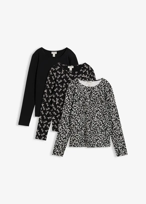 Maglia a maniche lunghe in misto cotone elasticizzato (pacco da 3), bonprix
