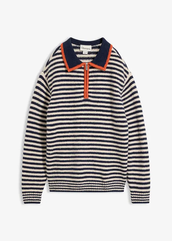 Maglione con mezza zip in maglia operata, bonprix
