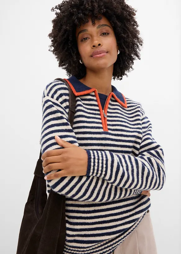Maglione con mezza zip in maglia operata, bonprix