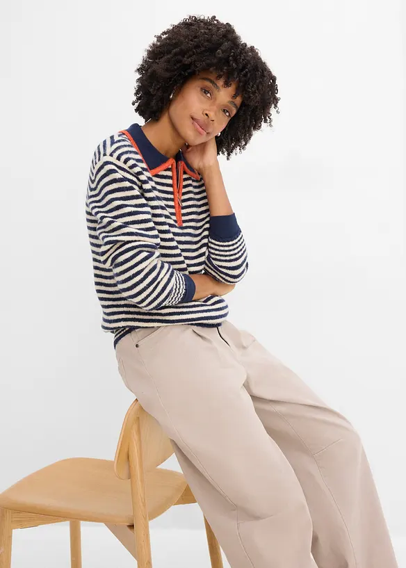 Maglione con mezza zip in maglia operata, bonprix