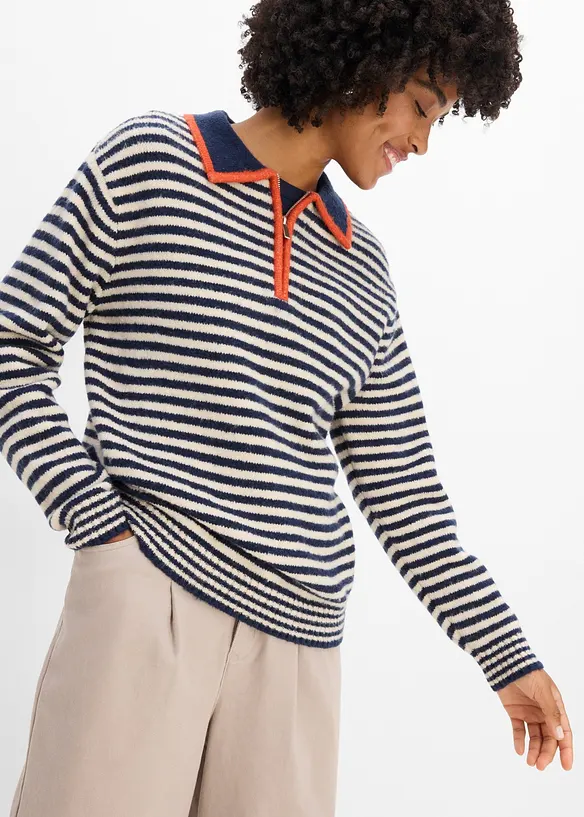 Maglione con mezza zip in maglia operata, bonprix
