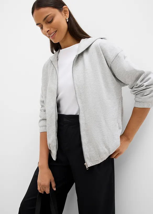 Felpa con zip e cappuccio in misto cotone morbido, bonprix