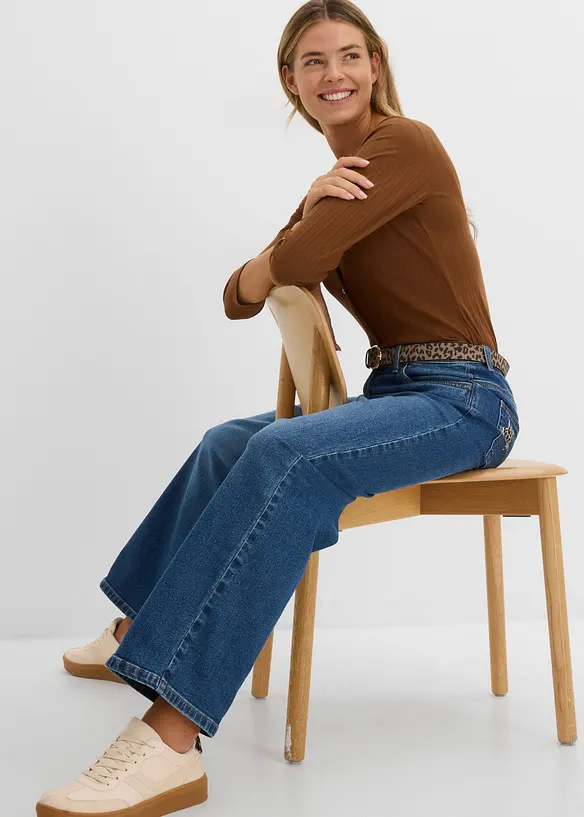 Jeans wide leg con dettagli leopardati, vita media, bonprix