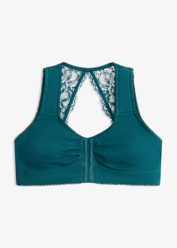 Reggiseno senza ferretto in misto cotone biologico con chiusura anteriore e pizzo, bonprix