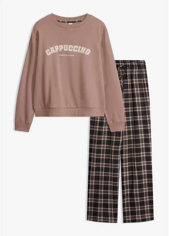 Tuta da casa loungewear in felpa con pantaloni in flanella, bonprix