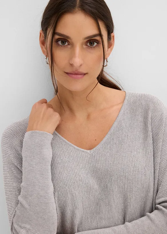 Maglione in filato fine con maniche a pipistrello e strass, bonprix
