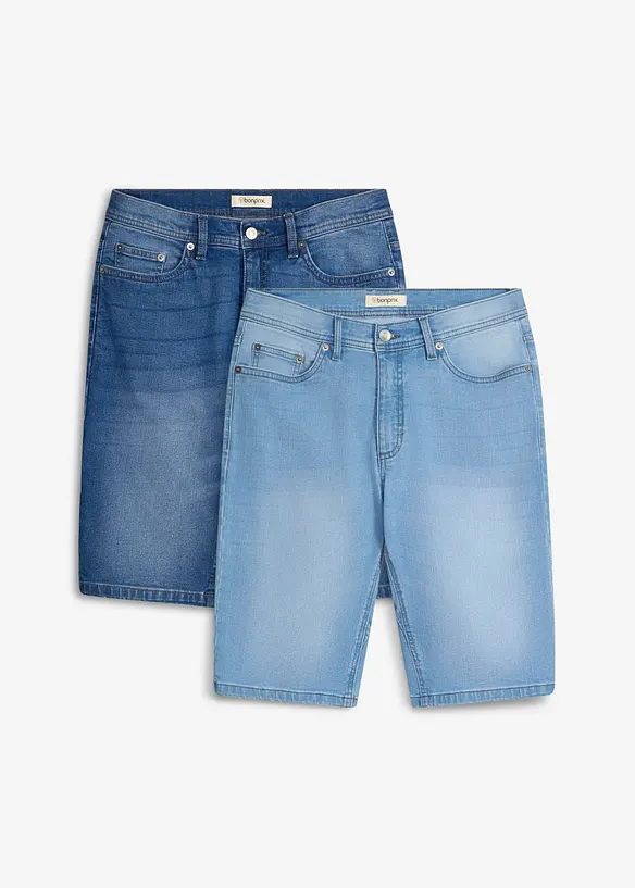 Bermuda in jeans elasticizzati con cavallo rinforzato, regular fit (pacco da 2), bonprix