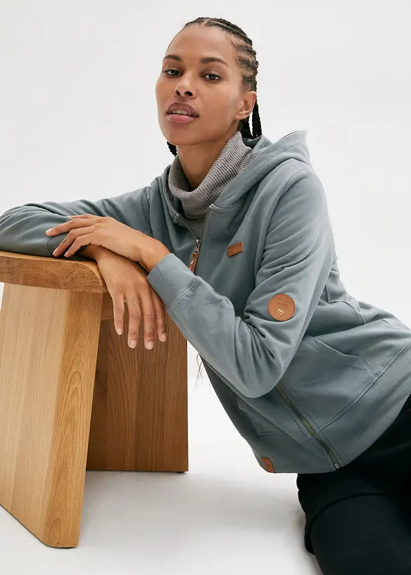 Felpa con zip e cappuccio in puro cotone, bonprix