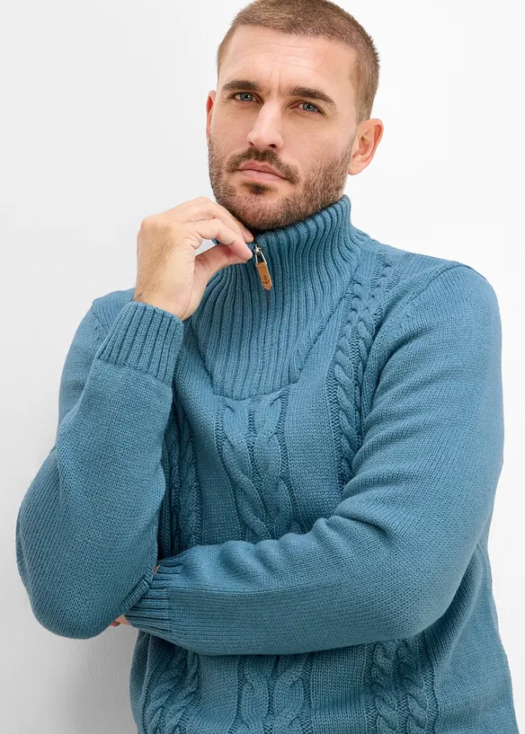 Maglione in lavorazione a trecce con collo e zip, bonprix